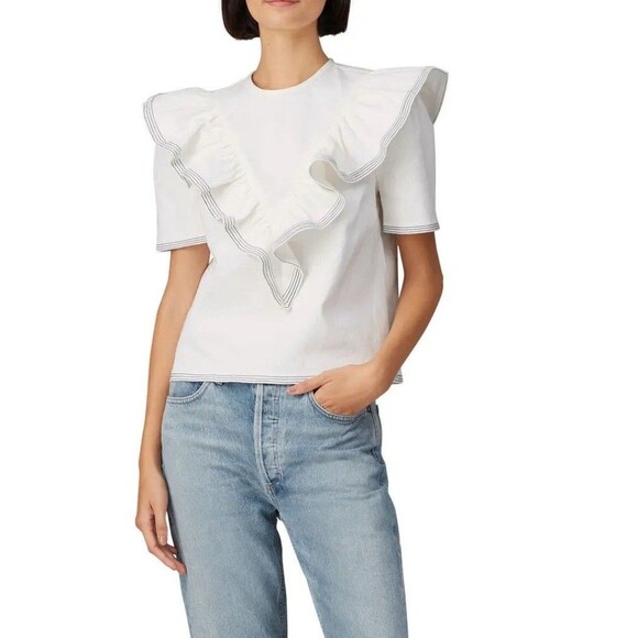Saylor Anthropologie Harriette Denim Top Size Large Ruffle Boxy Cropped  Size S - Picture 1 of 10